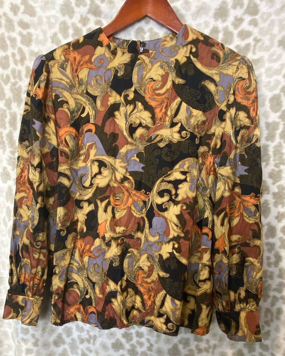 Vintage Wayne Kastning for Helga Black Floral 100% Silk Long Sleeve Blouse